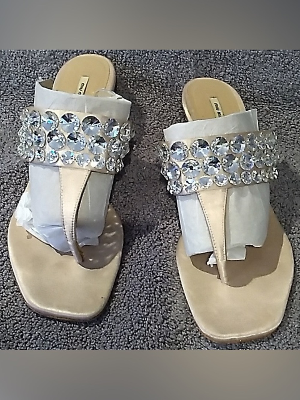 Miu Miu satin Embellished Nude T-Strap Sandals